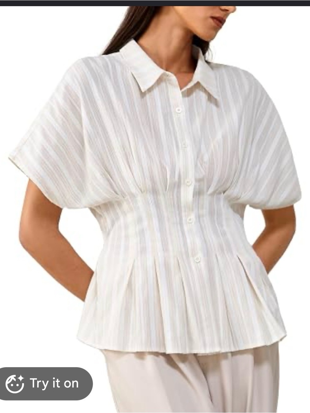 Womenโs Cream Striped Button-Front Peplum Shirt